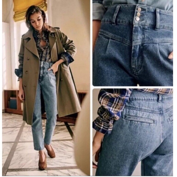 Sezane Denim - NWT Sezane Sam Blue Pleated Women’s Jeans Trousers 14 High Rise Button Front